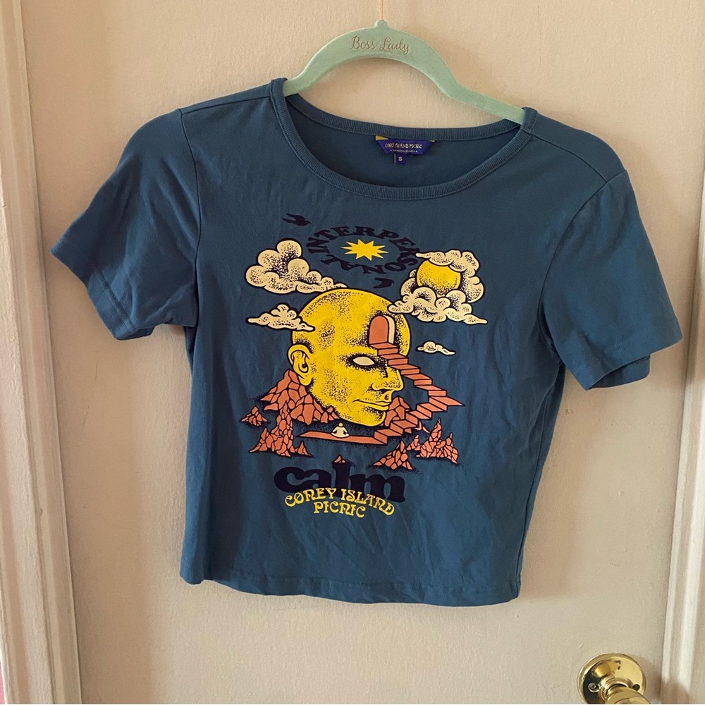 Coney Island Picnic Blue and Yellow Graphic Babydoll T-shirt